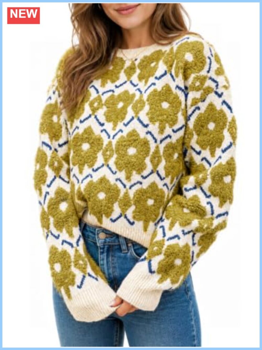Oversized Chunky Knit Floral Crewneck Sweater Pullover Fall Winter